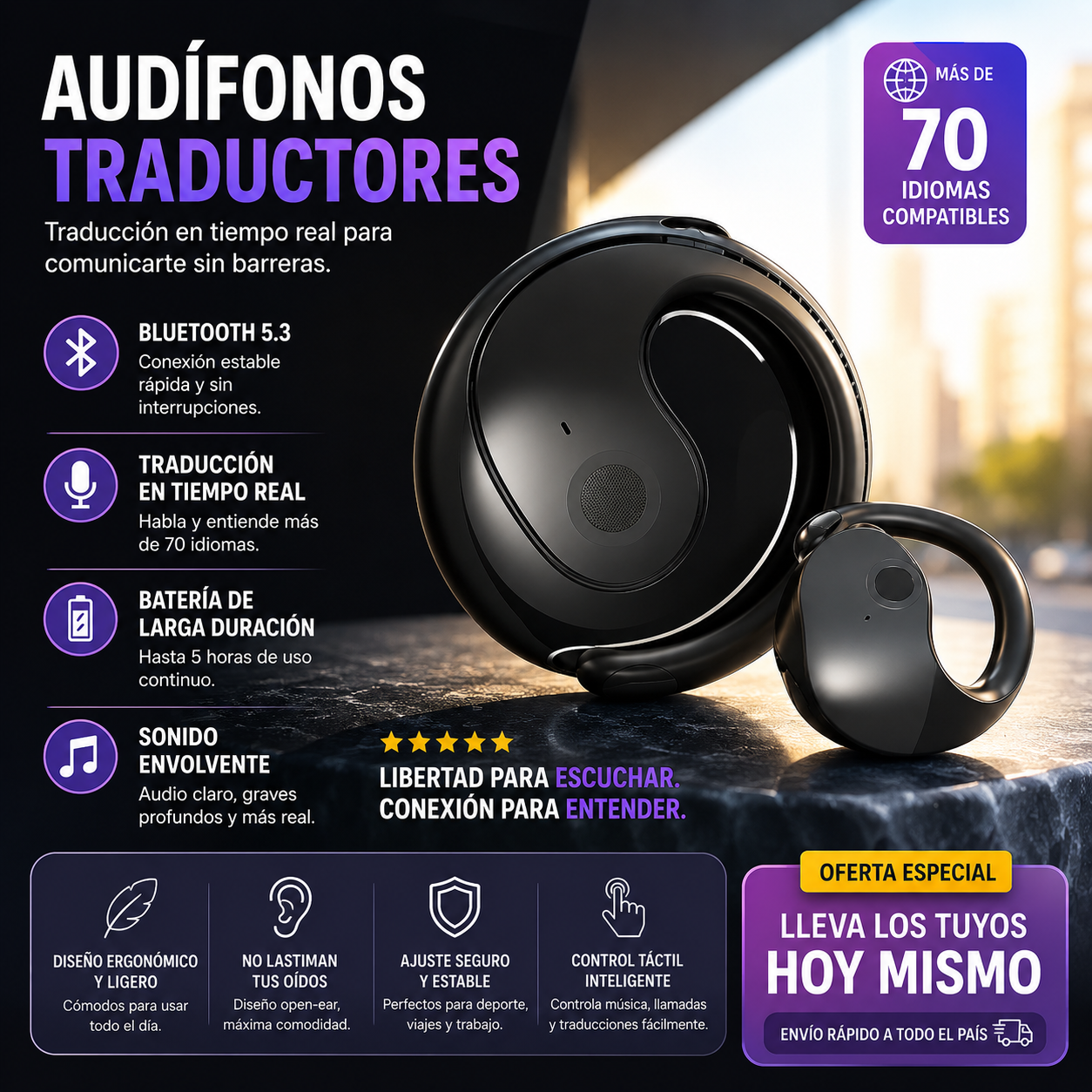 Audífonos Bluetooth OWS T2™ Open Ear | ¡Rompe la barrera del idioma! Traduce más de 100 idiomas en tiempo real con IA. Perfectos para viajes, negocios y reuniones. Incluyen asistente de voz + 🎁 APP GRATIS.