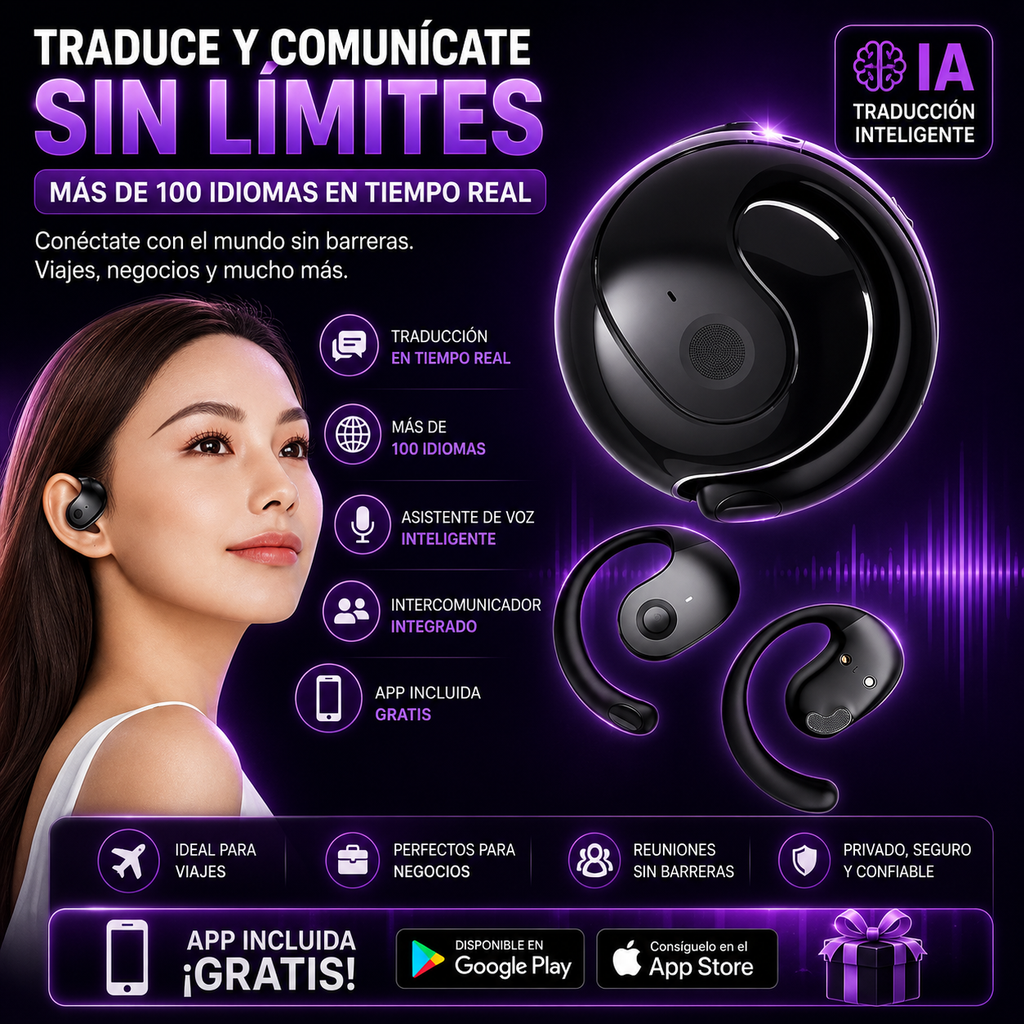 Audífonos Bluetooth OWS T2™ Open Ear | ¡Rompe la barrera del idioma! Traduce más de 100 idiomas en tiempo real con IA. Perfectos para viajes, negocios y reuniones. Incluyen asistente de voz + 🎁 APP GRATIS.