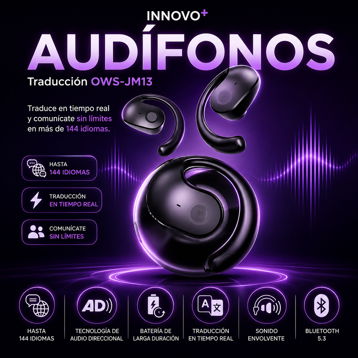 Audífonos Bluetooth OWS T2™ Open Ear | ¡Rompe la barrera del idioma! Traduce más de 100 idiomas en tiempo real con IA. Perfectos para viajes, negocios y reuniones. Incluyen asistente de voz + 🎁 APP GRATIS.